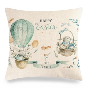 Texture détaillée de housse de coussin de Pâques en lin avec motif lapin et montgolfière