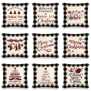 Christmas Buffalo Plaid Throw Pillow Case Linen Cushion Cover With Xmas Tree Reindeer Snowflakes For Home Sofa Decor