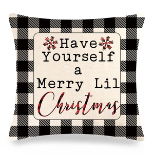 Christmas buffalo plaid pillow case with Merry Lil Christmas text on linen fabric