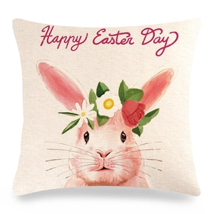 Détail de la taie d'oreiller en lin avec lapin aquarelle et texte Happy Easter Day