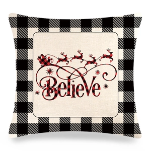 Christmas buffalo plaid pillow case with reindeer and Believe text for sofa decor