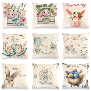 Taie d'Oreiller en Lin Dessin Animé Thème Pâques Aquarelle Lapin Œuf Floral Imprimé Housse de Coussin Carrée Décorative Maison