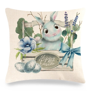 Housse de coussin de Pâques en lin avec lapin à l'aquarelle et signe Happy Easter