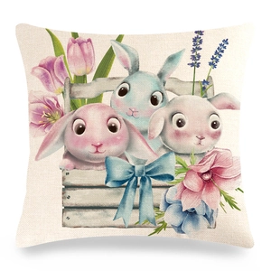 Housse de coussin de Pâques en lin avec motif aquarelle de lapins et panier de fleurs