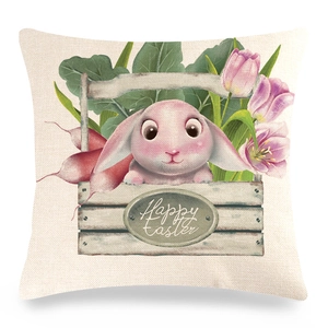 Housse de coussin Pâques en lin avec lapin, tulipes et caisse Happy Easter