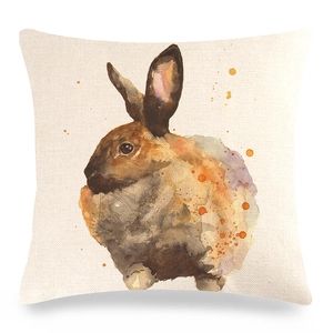 Detailed macro view of square linen pillowcase with watercolor bunny pattern