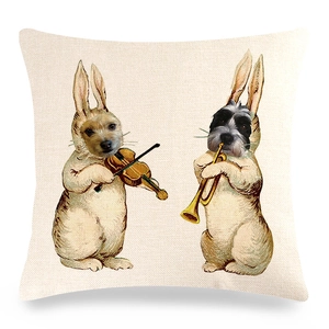 Detailed texture of linen Easter cushion cover featuring vintage dogs playing music