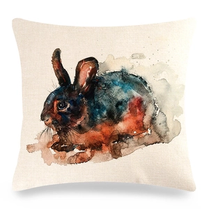Detail of linen pillowcase featuring artistic watercolor rabbit pattern with linen texture