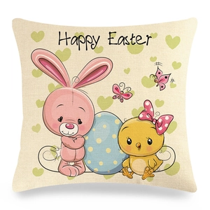 Linen Easter pillowcase detail showing Happy Easter text with cute bunny and chick patterns