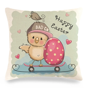 Linen Easter pillowcase featuring a chick on a skateboard with a giant pink polka dot egg