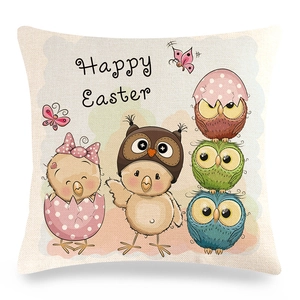Linen Easter pillow cover with Happy Easter text and colorful cartoon owl design