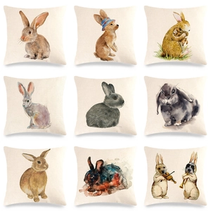 Easter Rabbit Linen Pillowcase Watercolour Bunny Cushion Cover Decorative Square Throw Pillow Case For Sofa Home Decor