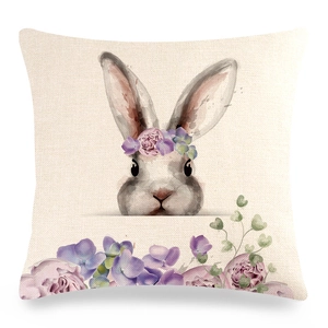Easter bunny linen pillowcase with watercolor rabbit and purple floral wreath pattern