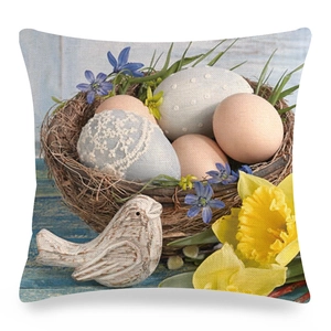 Detailed texture of Easter linen pillowcase with floral nest and vintage eggs design