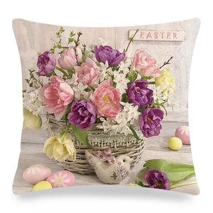 Detailed texture of Easter linen pillowcase with tulips, eggs and Easter text