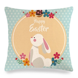 Easter rabbit linen pillow cover with Happy Easter text and colorful flower details