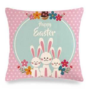Easter rabbit linen pillow cover with Happy Easter greeting and colorful eggs