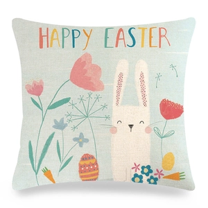 Detailtextur der Leinen-Osterkissenhülle mit Hasen- und Eierdruck-Motiven