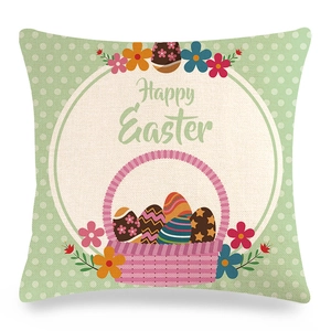 Detail of linen Easter pillowcase featuring colorful eggs and Happy Easter print