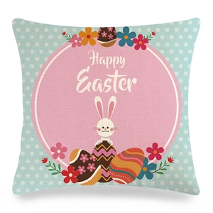 Detailed view of linen Easter pillow cover with Happy Easter text and bunny print