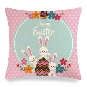 Close-up of Happy Easter linen pillowcase with bunny and colorful egg print details