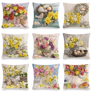 Easter Linen Pillow Cover Floral Easter Egg Rabbit Pattern Decorative Square Cushion Case For Living Room Sofa Home Decor