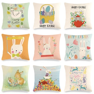 Ostern Cartoon Hase Kaninchen Leinen Kissenbezug Ei Blumenmuster Quadratisch Deko Kissenhülle Für Sofa Wohnzimmer Home Dekor
