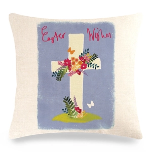 Osterwünsche Kissenhülle aus Leinen mit Blumenkreuz-Druck für Sofa und Deko