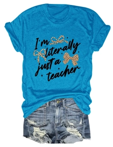 Flat lay of teacher slogan tee with leopard bow prints and distressed denim shorts set