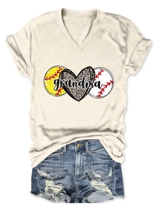 Detail of V-neck T-shirt with grandma print, softball, and leopard heart with denim shorts