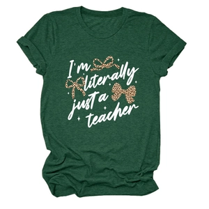 Detail of dark green cotton T-shirt featuring I'm literally just a teacher print and bows