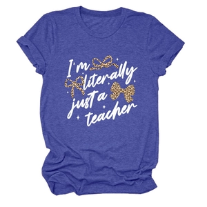 Detail of royal blue teacher t-shirt showing leopard bow prints and artistic text