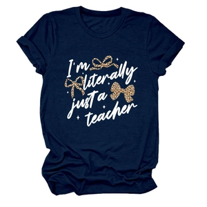 Detail view of navy blue crewneck T-shirt featuring 'I'm literally just a teacher' print
