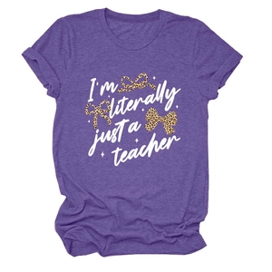 Detail of heather purple t-shirt featuring 'I'm literally just a teacher' and leopard bows