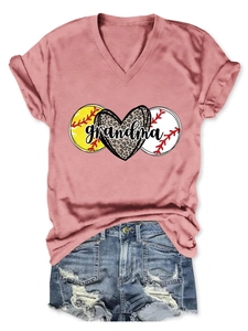 Detail view of pink V-neck t-shirt with grandma leopard heart and softball print
