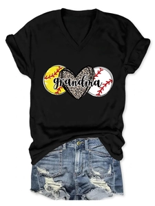 Detail of V-neck Grandma T-shirt with leopard heart and softball print on black fabric