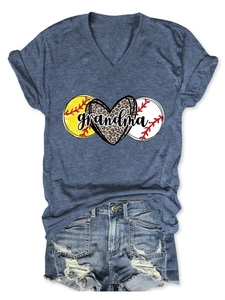 Detail of V-neck T-shirt with Grandma leopard print heart and baseball graphic design
