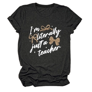 Detail of soft charcoal grey cotton t-shirt with teacher slogan and leopard bows