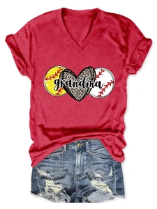 Detail of red V-neck T-shirt with grandma text, baseball icons, and leopard heart print