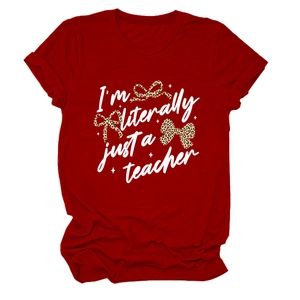 Detail of burgundy T-shirt with 'I'm literally just a teacher' print and leopard bows