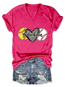 Close-up of grandma leopard heart print on v-neck short sleeve t-shirt with denim shorts