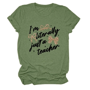 Detail of olive green t-shirt with teacher text print and leopard bow patterns
