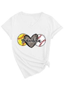 Detail of V-neck white T-shirt with leopard heart and grandma baseball graphic print
