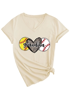 Detail of V-neck T-shirt showing leopard heart, softball and baseball graphics with grandma text