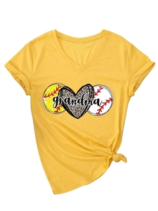 Detail of V-neck yellow grandma t-shirt with leopard heart and baseball print design