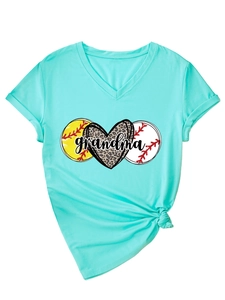 Close-up of V-neck T-shirt with leopard heart and grandma print with side-knot detail