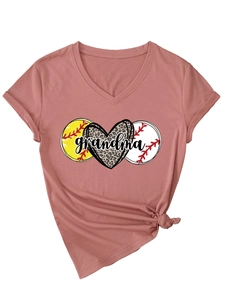 Detail of V-neck T-shirt showing grandma text with baseball and leopard heart print