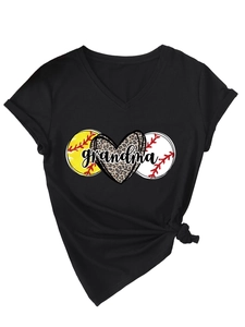 Close-up of V-neck T-shirt detail with grandma text, softball, and leopard heart print