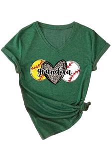 Detail view of V-neck T-shirt with grandma leopard heart and baseball print design