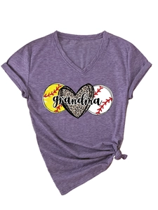 Detail of V-neck grey t-shirt featuring leopard heart and grandma softball print